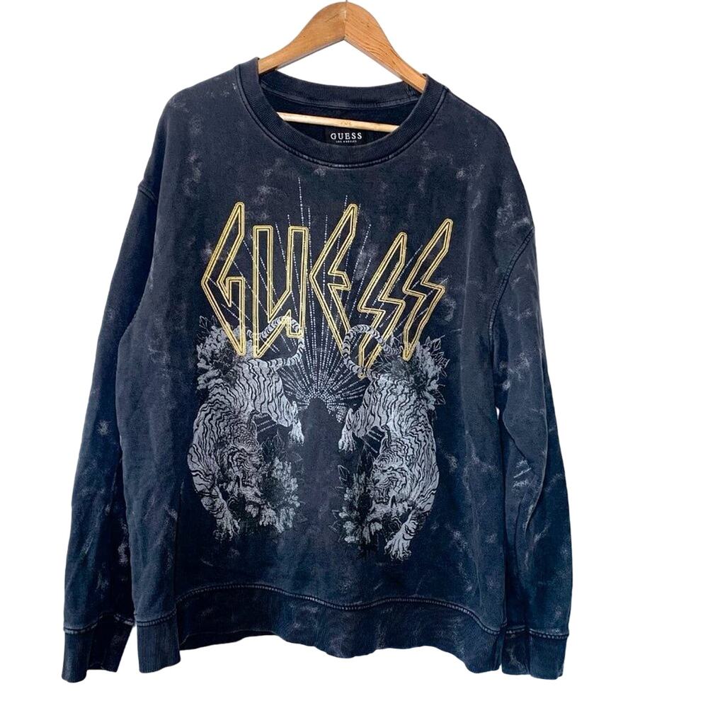 Guess Tiger Acid Wash Faded Distressed Rock Band Sweatshirt Black White Gold XL